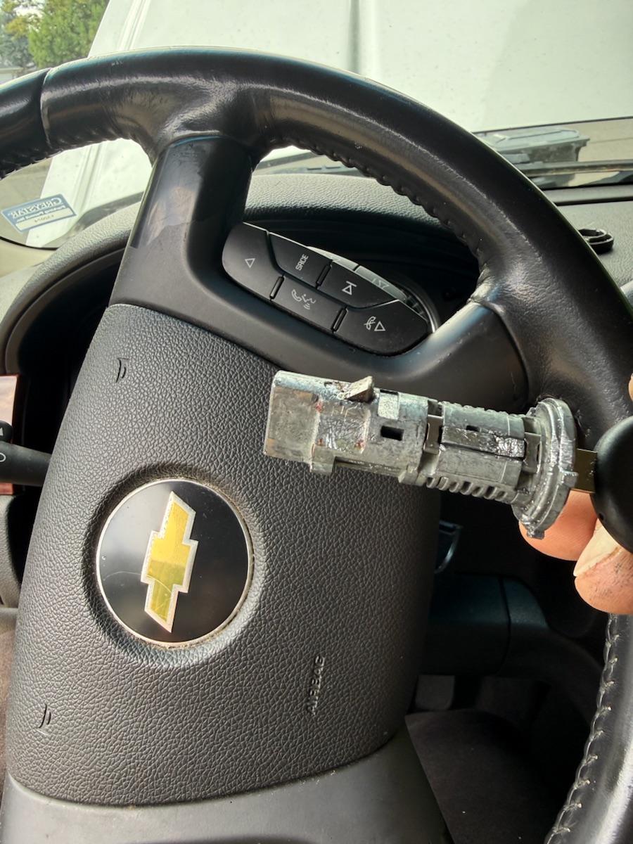 Chevrolet Silverado — ignition cylinder removed so a new key could be cut to match it.