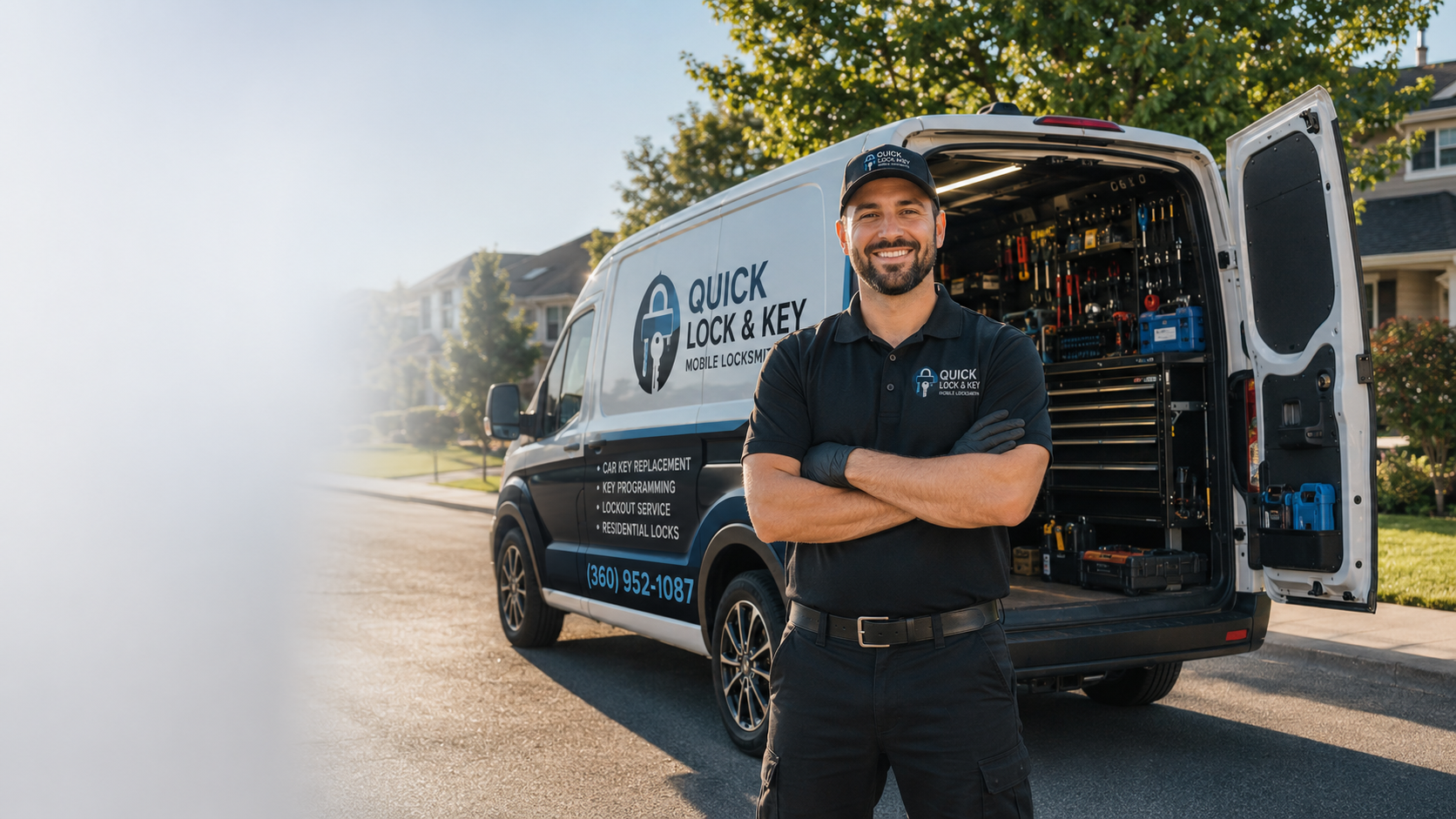 Mobile locksmith technician standing beside service van in a suburban neighborhood
